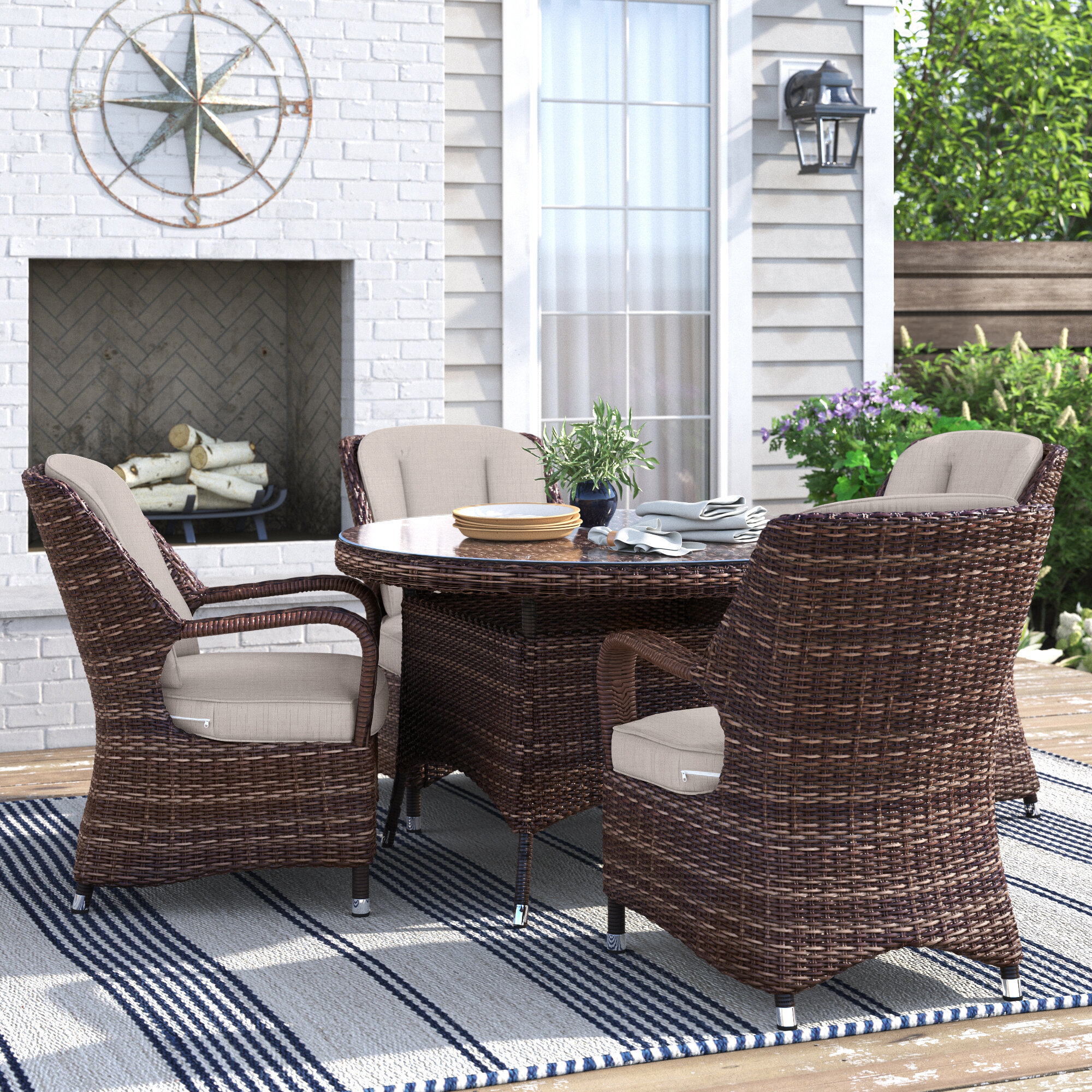 Three Posts Guyer Round Person Long Dining Set With Cushions